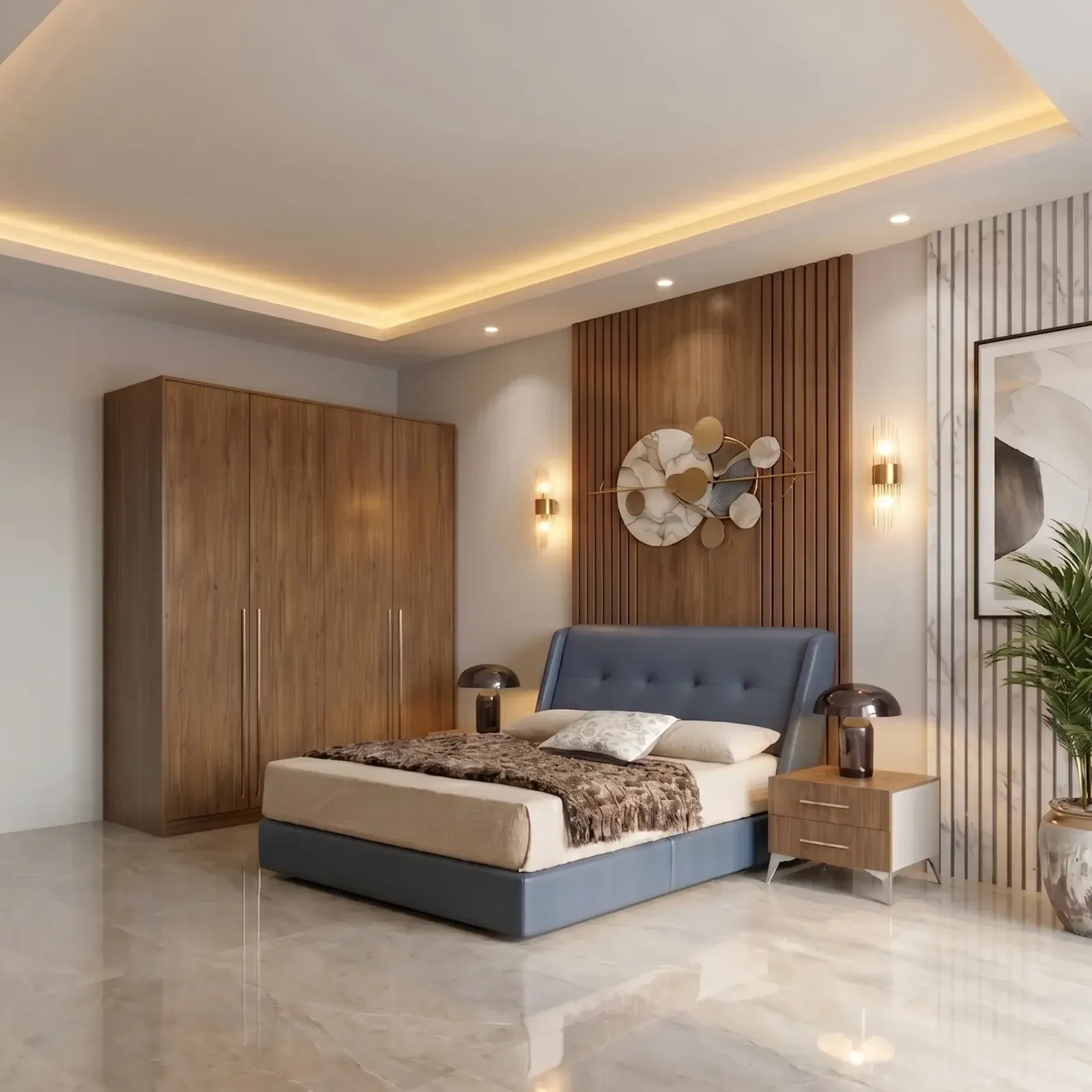 Modern built-in wardrobe in a Malaysian bedroom with a bed and decorative wall art