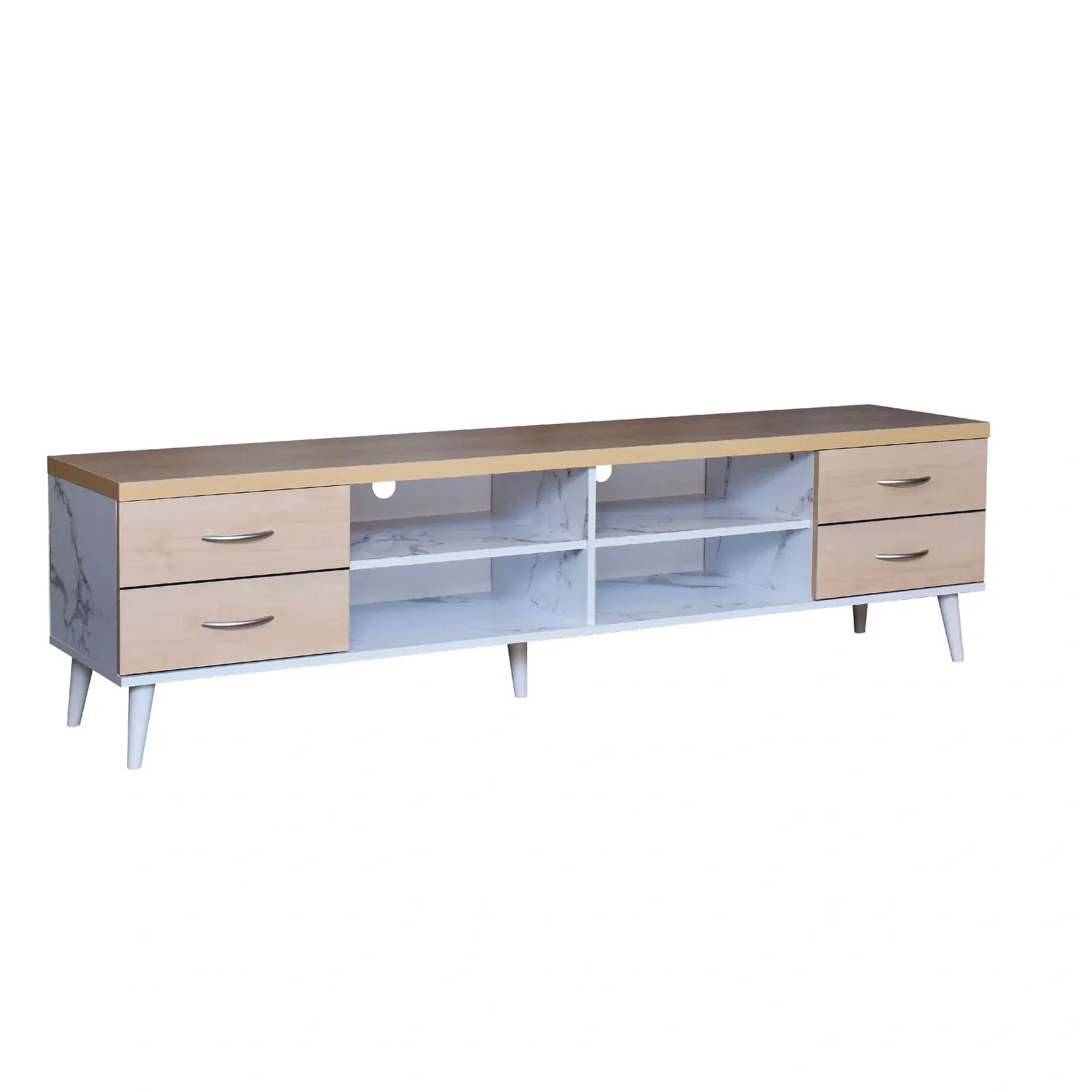 Wooden TV cabinet with a marble-look base in a modern Malaysian living room