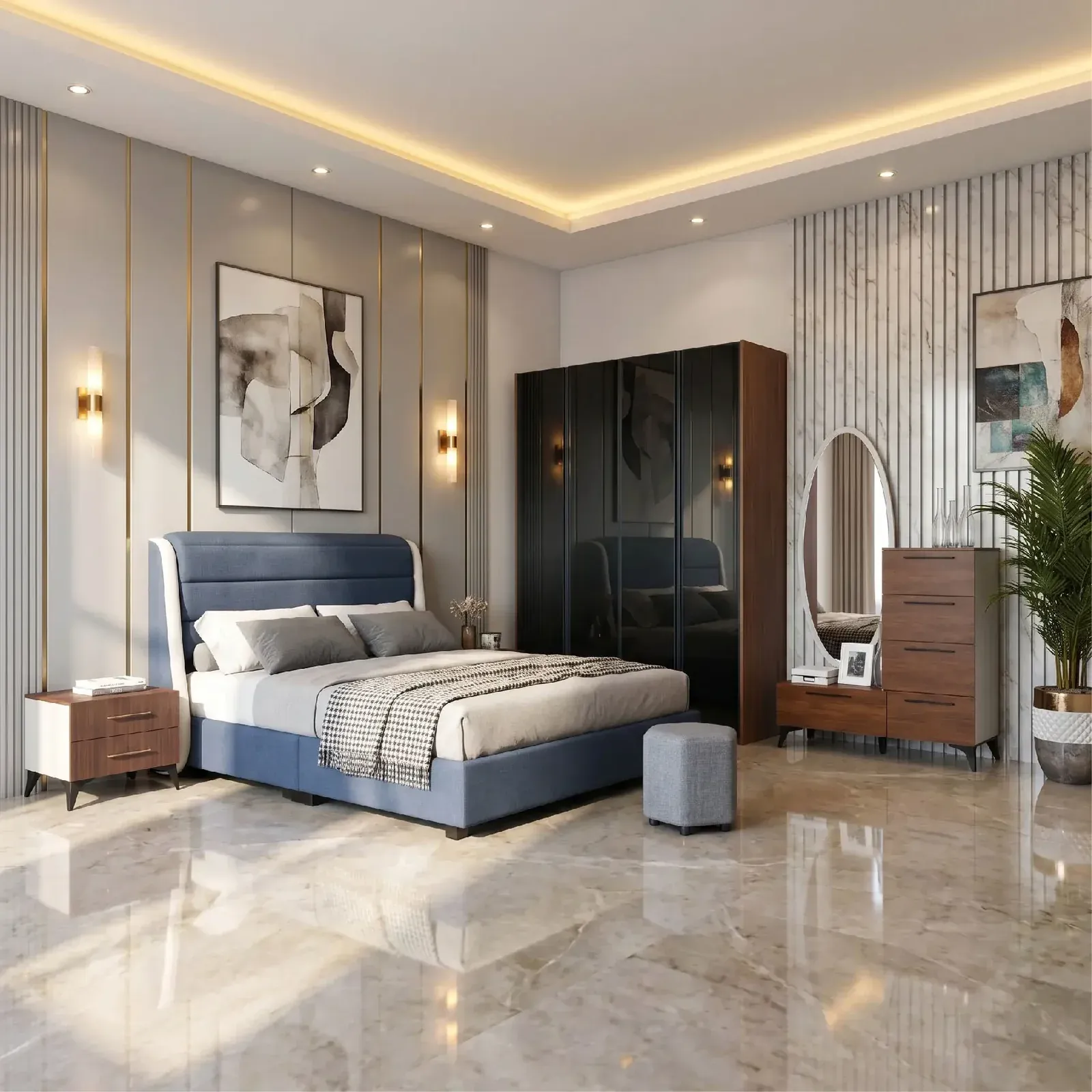 Modern TD Furniture bedroom set with a blue bed, black wardrobe and wooden dresser