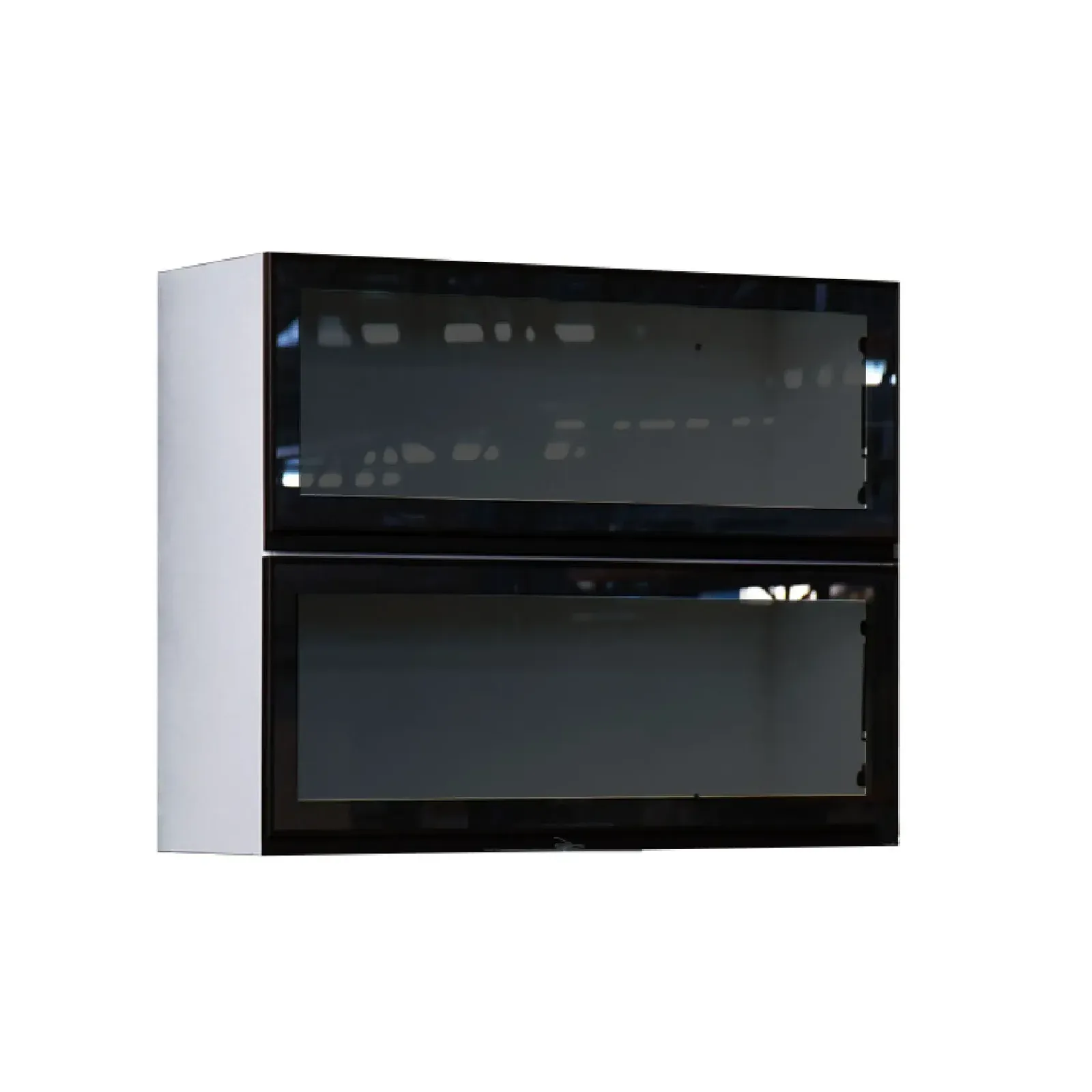 Kabinet dapur aluminium hitam moden dengan pintu kaca jenis angkat ke atas