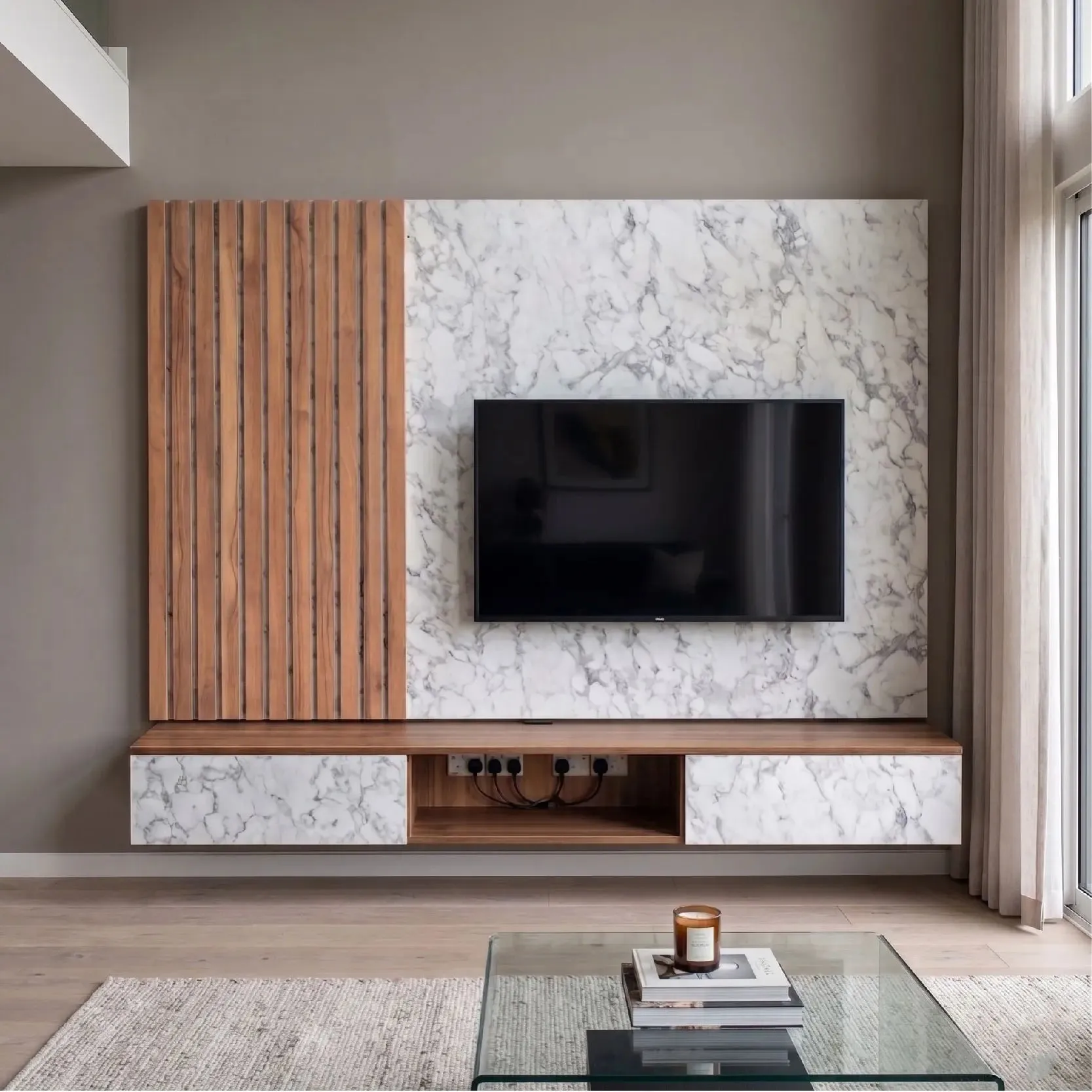 Built-in TV feature wall with marble panel, wood slats and floating hall cabinet — TD Furniture Malaysia