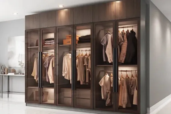 Custom wardrobe in ash wood with glass display panel Malaysia