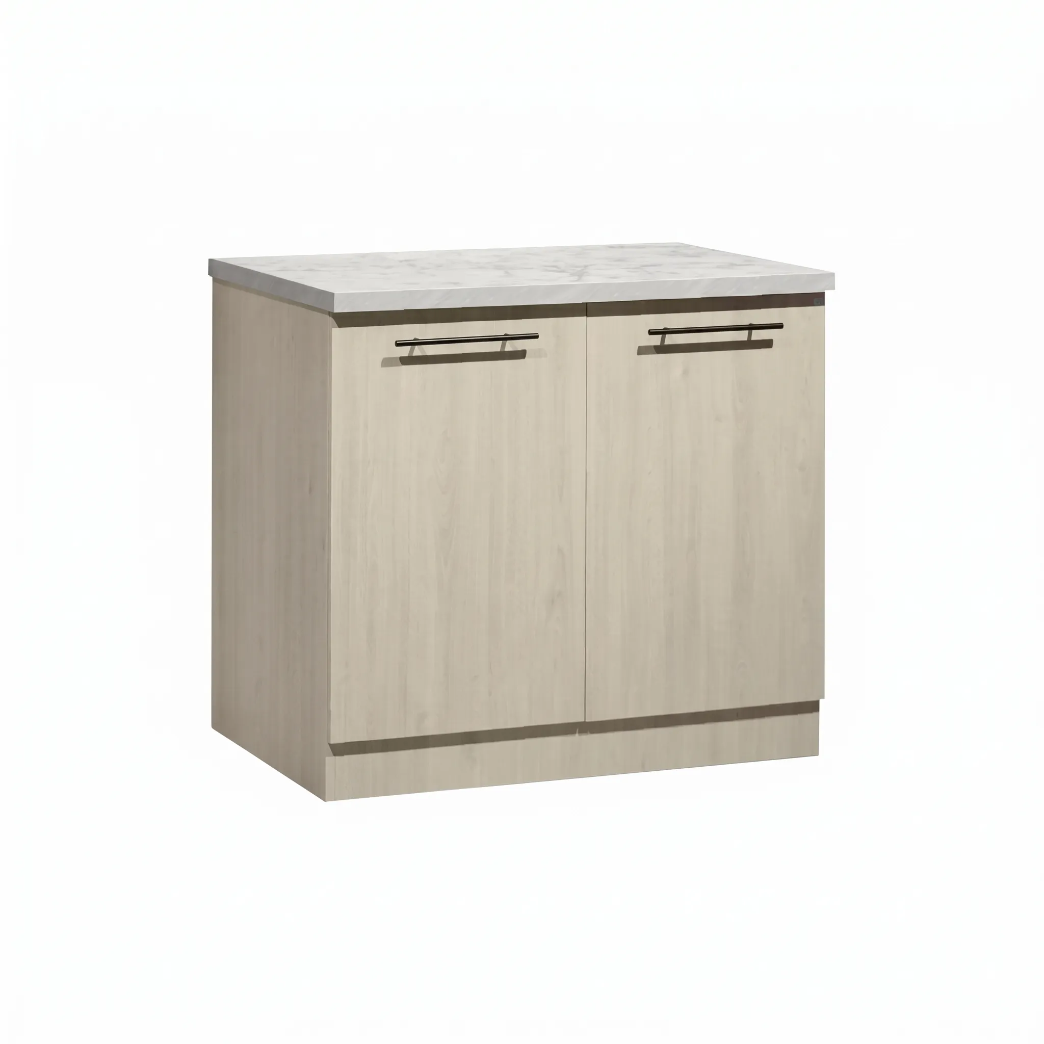 Custom-built kitchen cabinet with marble countertop.
