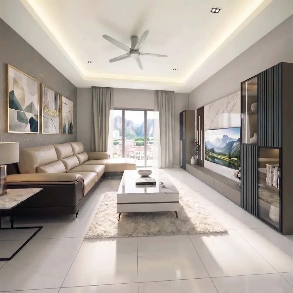 Custom TV feature wall with melamine panel in modern Malaysian living room — TD Furniture