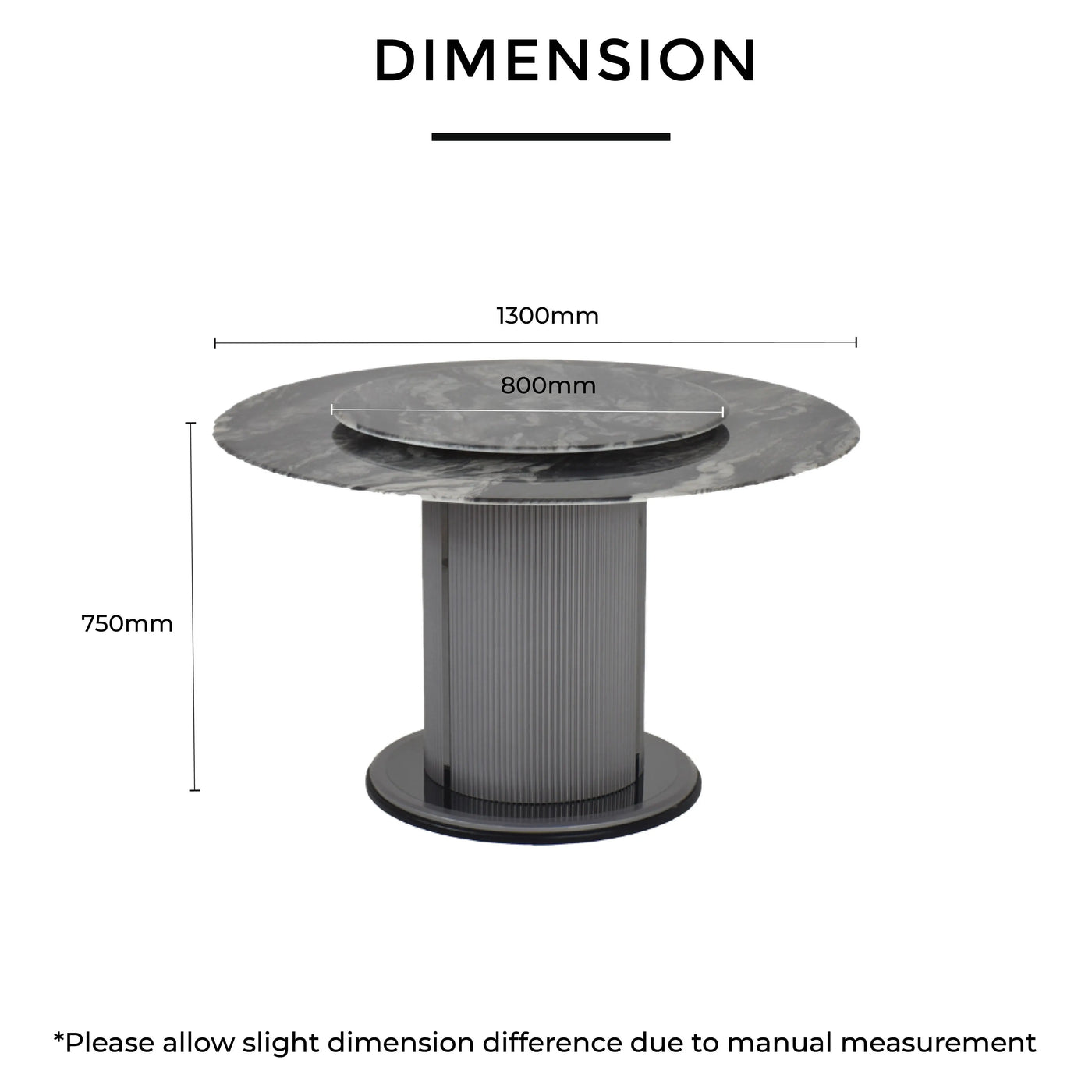 ALVEA Marble Dining Table dimensions L1300mm H750mm RD800mm with Lazy Susan