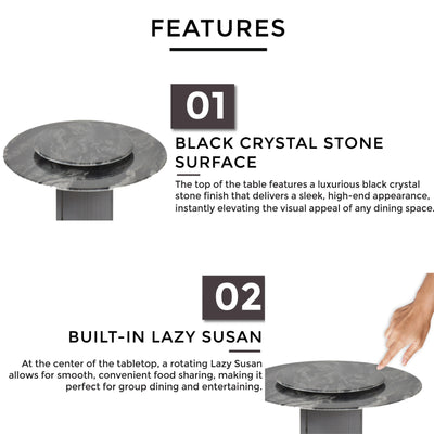 ALVEA Marble Dining Table with round polished black crystal stone top and built-in Lazy Susan