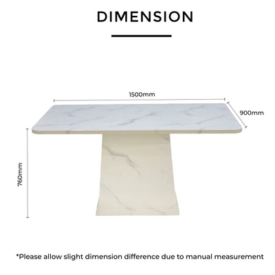 1500mm length × 900mm depth × 760mm height, rectangular design with solid marble-textured pedestal base