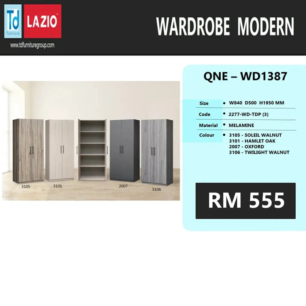 Modern wardrobe with color options and pricing information on a white background