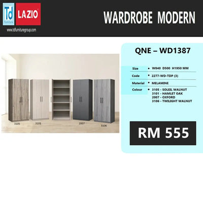 Modern wardrobe with color options and pricing information on a white background