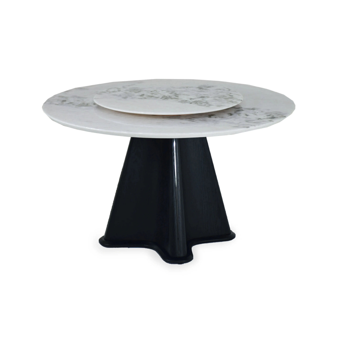 BAYRA Marble Dining Table with white marble top, natural veining, and black pedestal base