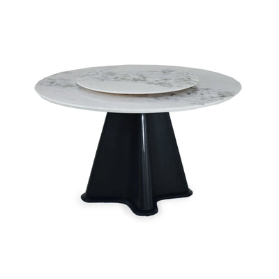 BAYRA Marble Dining Table with white marble top, natural veining, and black pedestal base