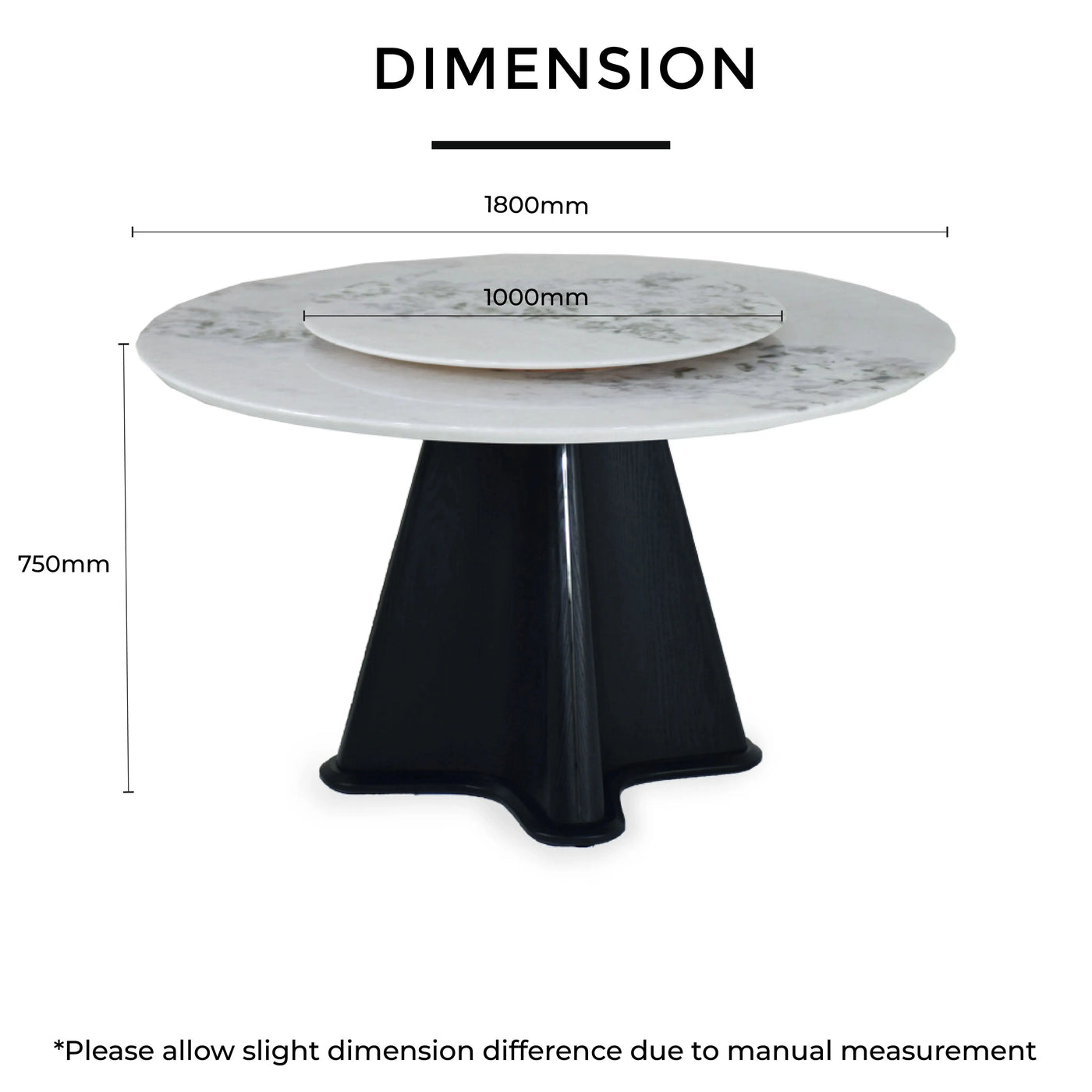 BAYRA Marble Dining Table dimensions L1800mm H750mm RD1000mm with white marble top