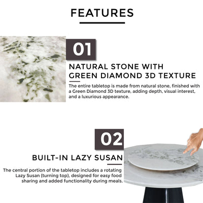 BAYRA Marble Dining Table with polished natural stone surface and built-in Lazy Susan