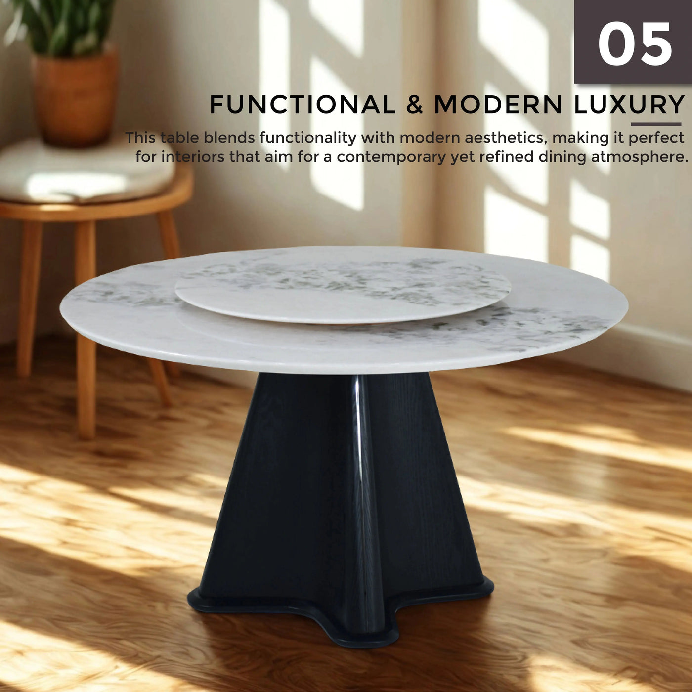Modern BAYRA Marble Dining Table with white marble top and black pedestal design