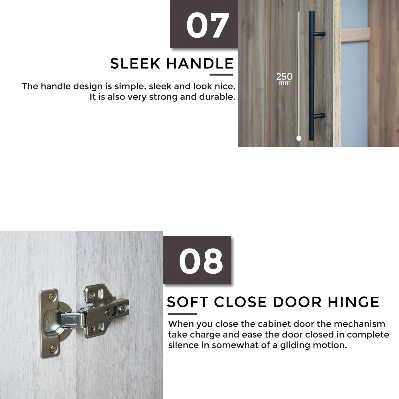 Door handle and soft close door hinge with text on a white background