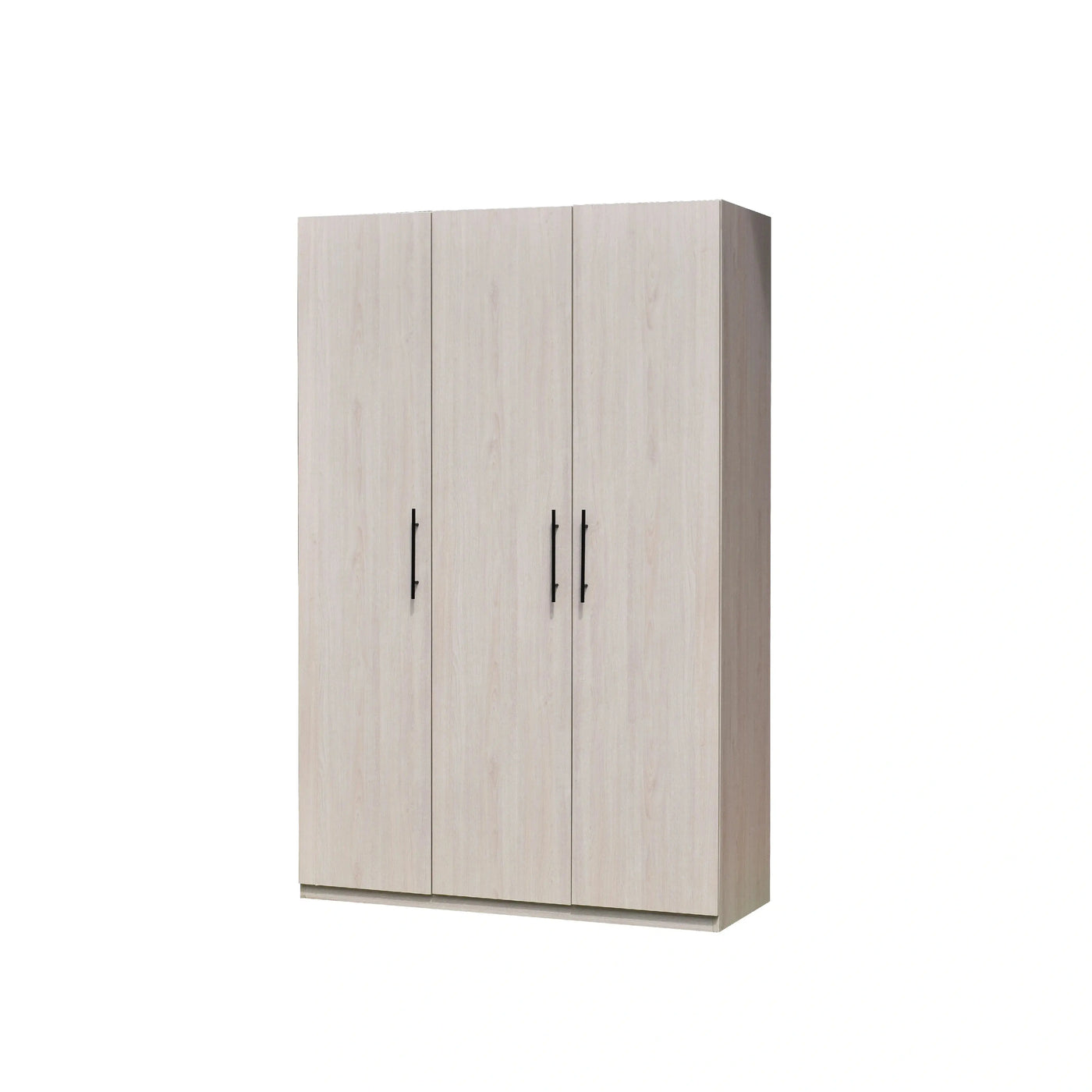 Three-door wardrobe with light wood finish on a white background