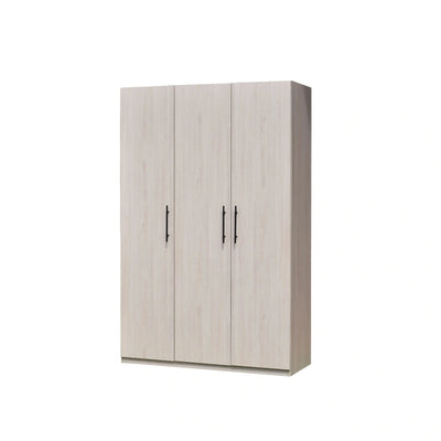 Three-door wardrobe with light wood finish on a white background