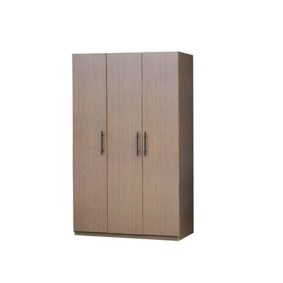 Wooden wardrobe with three doors on a white background