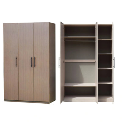 Wooden wardrobe with two doors and open shelves on a white background