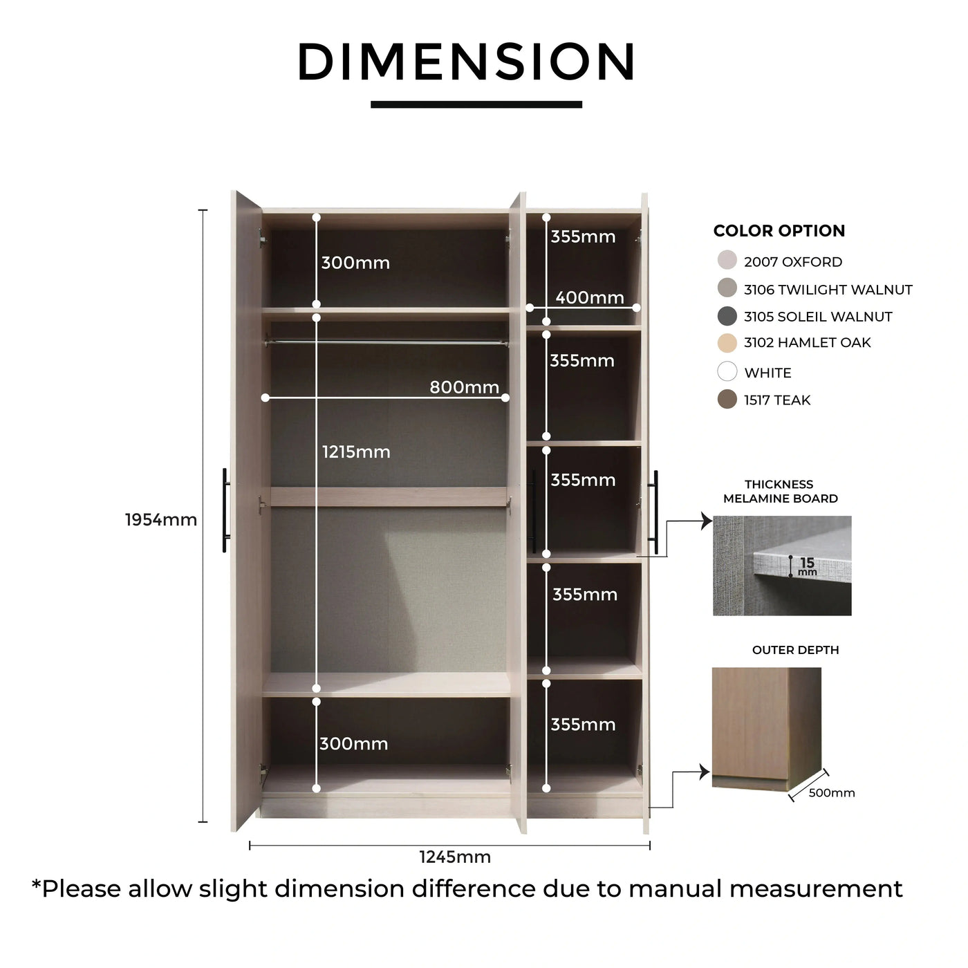 W1245mm × D500mm × H1954mm with internal layout view