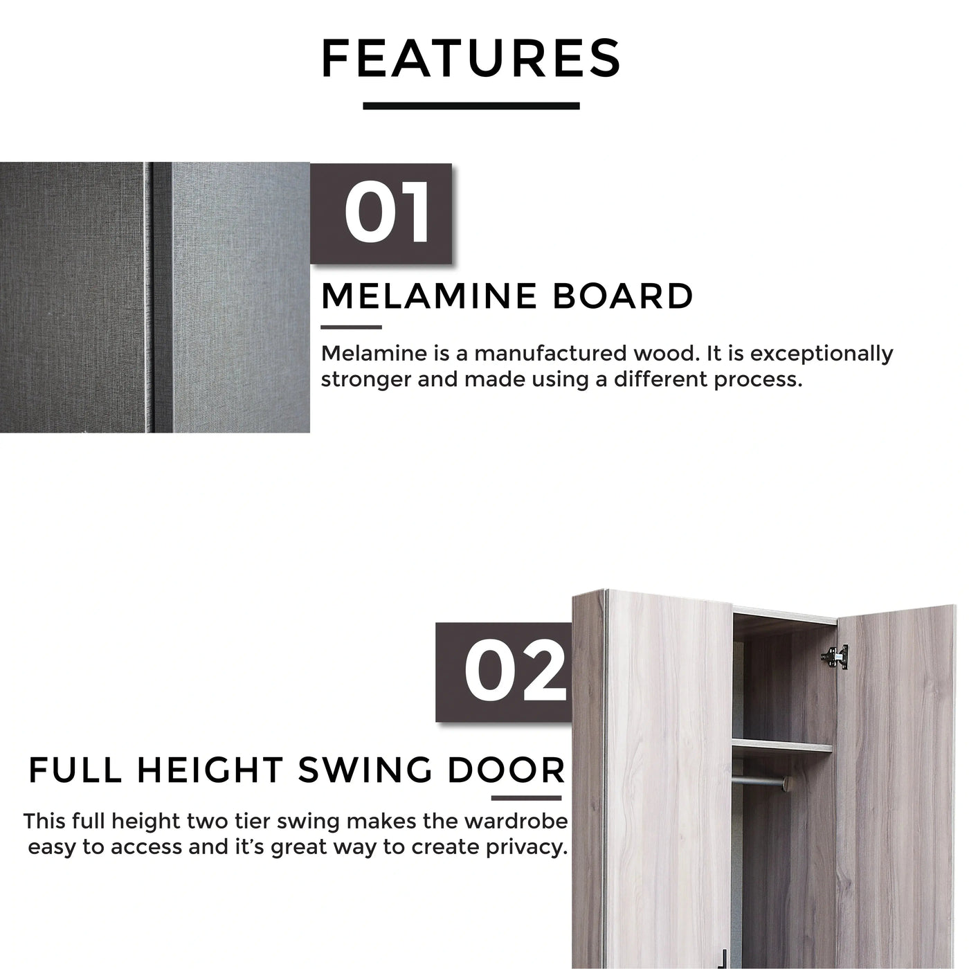 Wardrobe with open door displaying features like melamine board and full height swing door on a white background.
