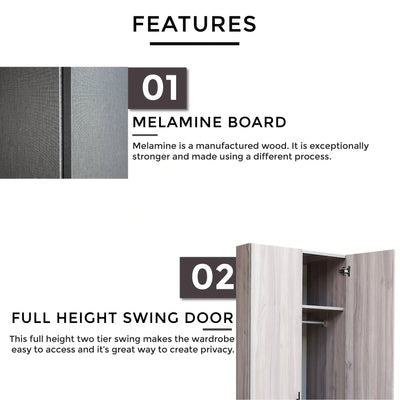Wardrobe with open door displaying features like melamine board and full height swing door on a white background.