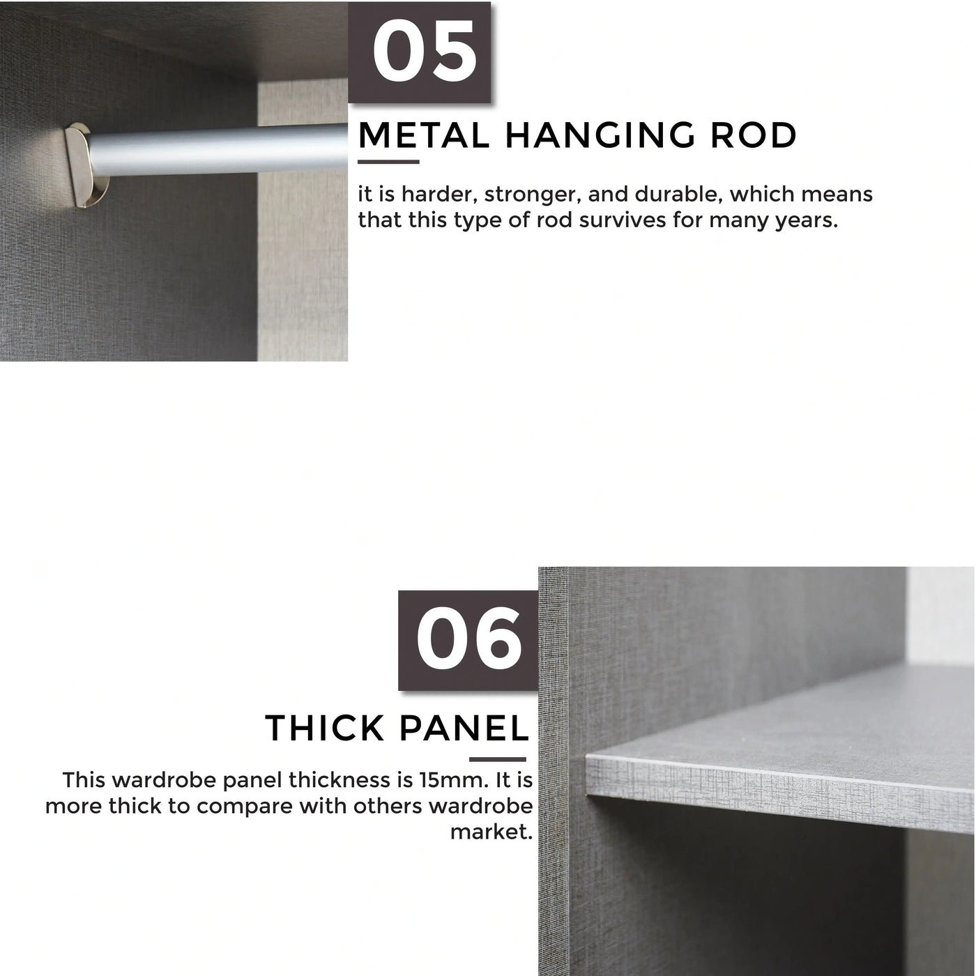 Metal hanging rod and thick wardrobe panel with text describing their features.