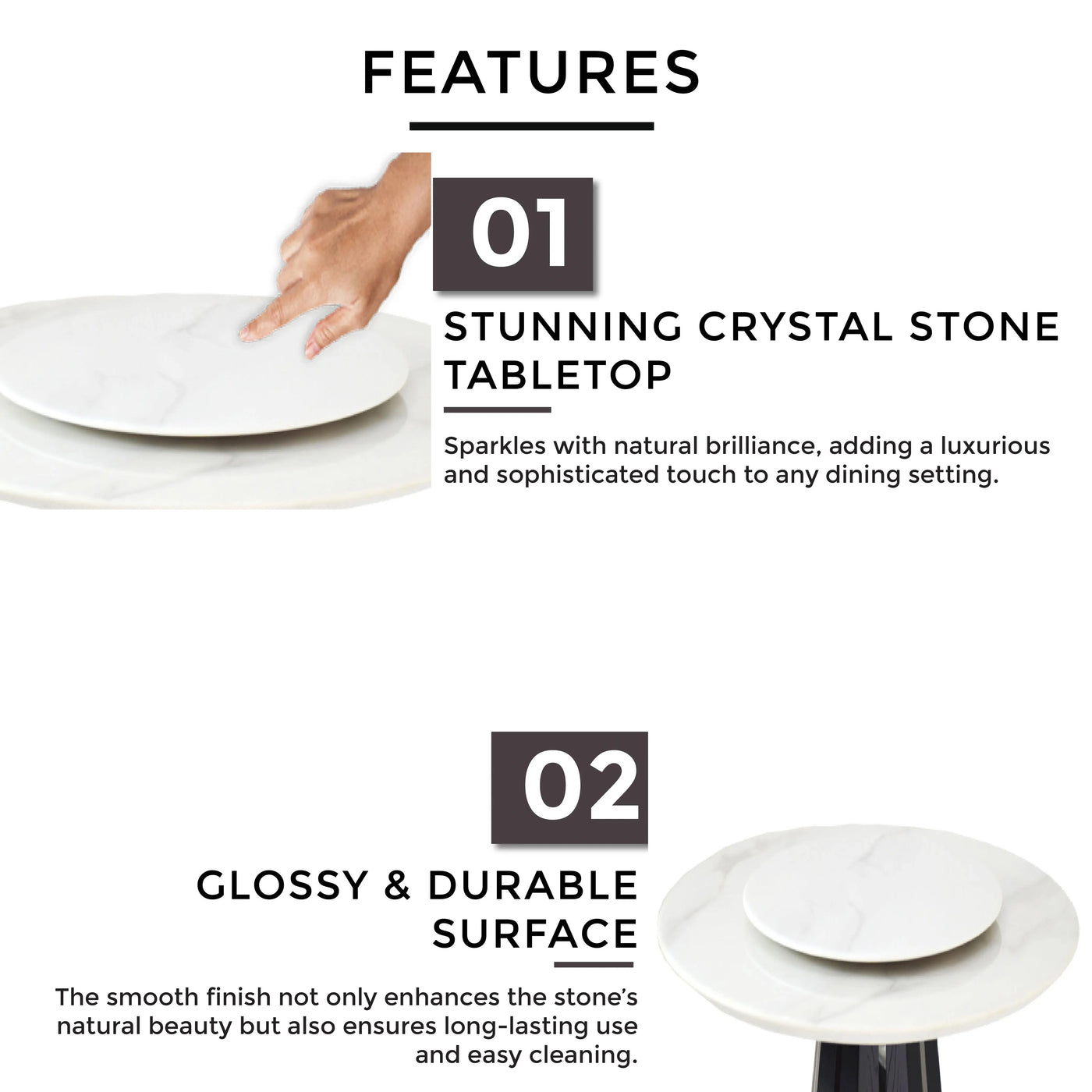 CAERA Marble Dining Table with round glossy crystal stone surface