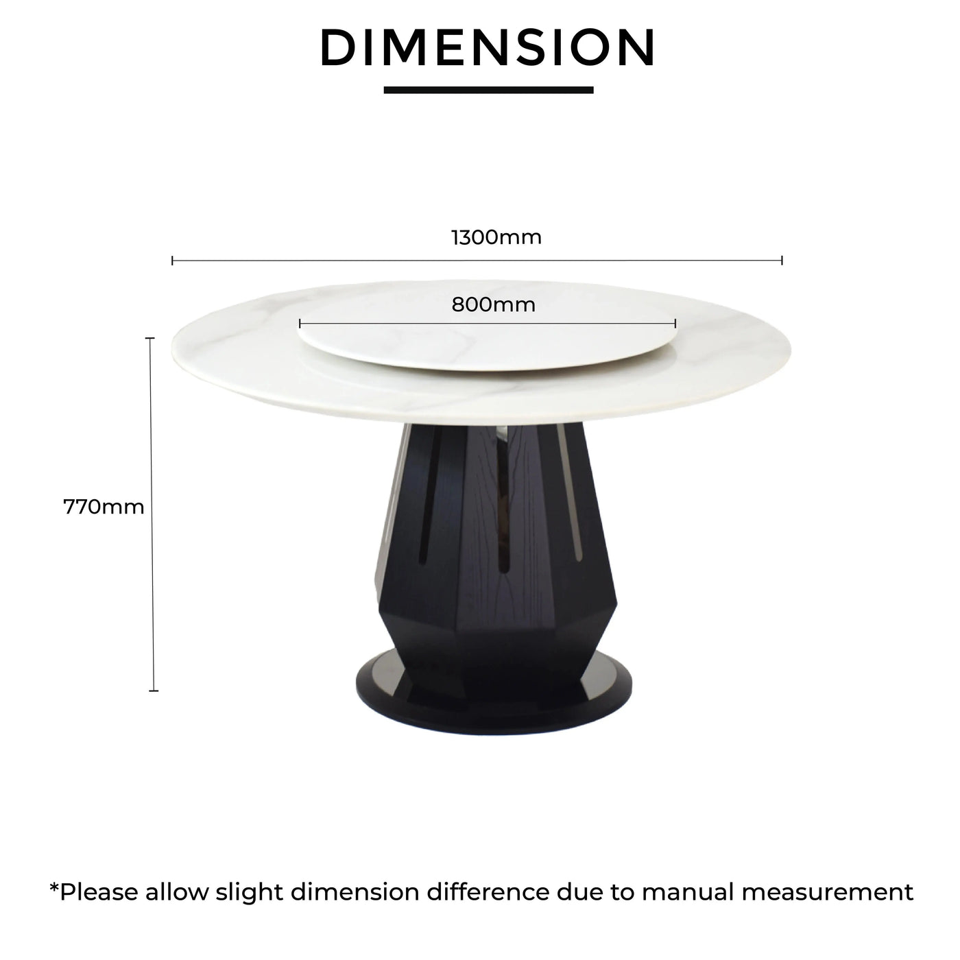 CAERA Marble Dining Table dimensions L1300mm H770mm RD800mm
