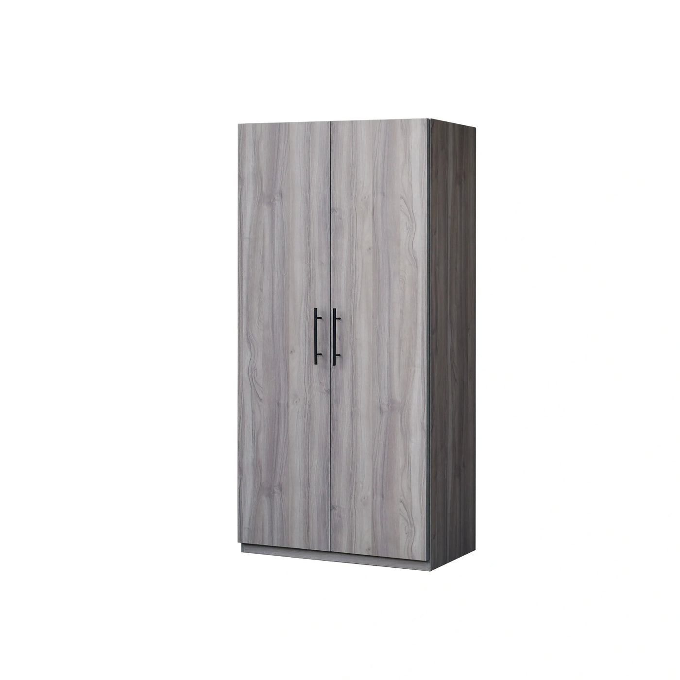 Wooden cabinet with gray finish and black handle on a white background