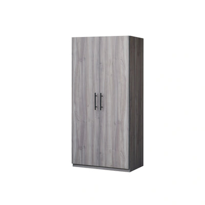 Wooden cabinet with gray finish and black handle on a white background