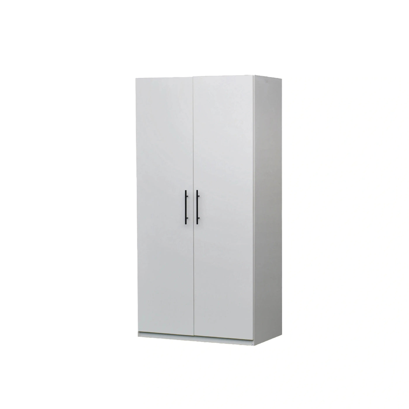 White cabinet with black handles on a white background