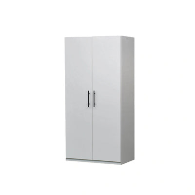 White cabinet with black handles on a white background