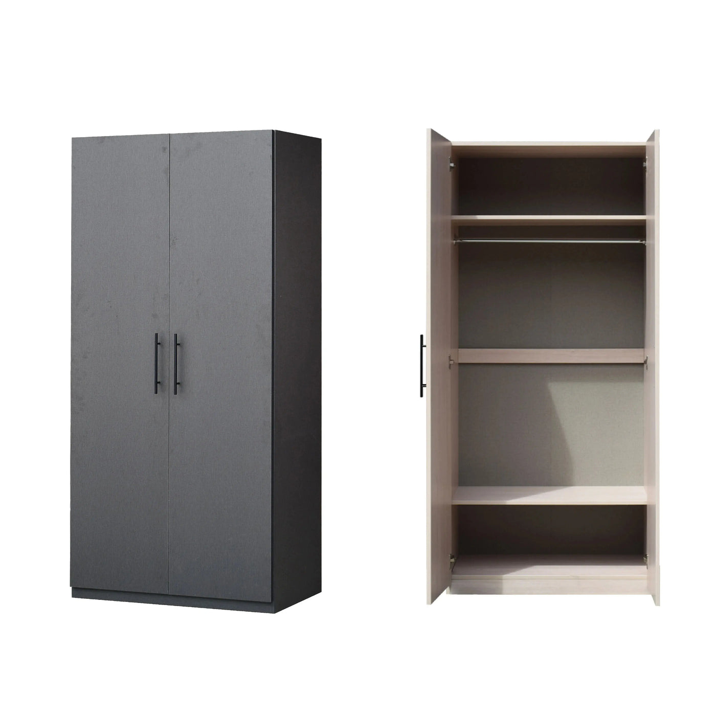 Gray storage cabinet with a black handle on a white background