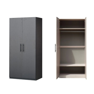 Gray storage cabinet with a black handle on a white background