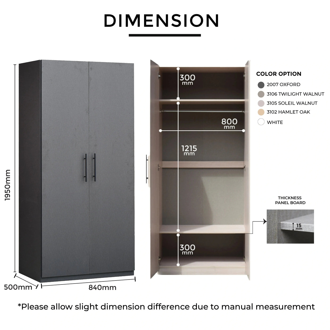 W840mm × D500mm × H1950mm with full-height two-door layout