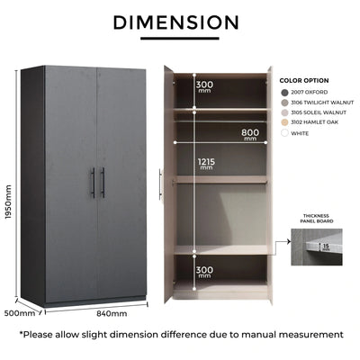 W840mm × D500mm × H1950mm with full-height two-door layout