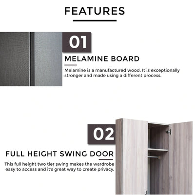Melamine board and full height swing door.