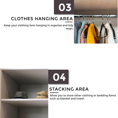 Clothing items hanging on a rack and stacked on shelves in a closet.