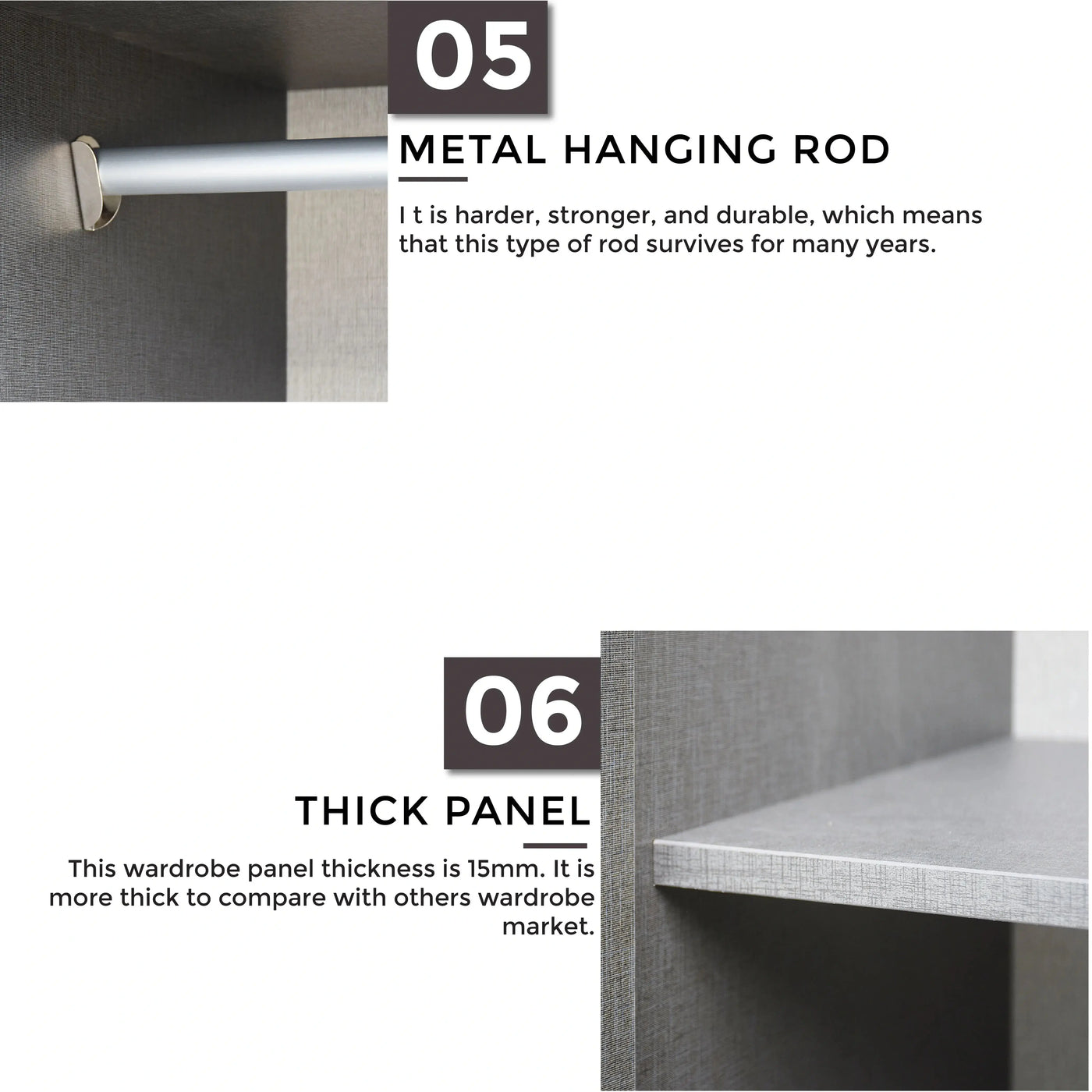 Metal hanging rod and thick wardrobe panel with text describing durability and thickness.