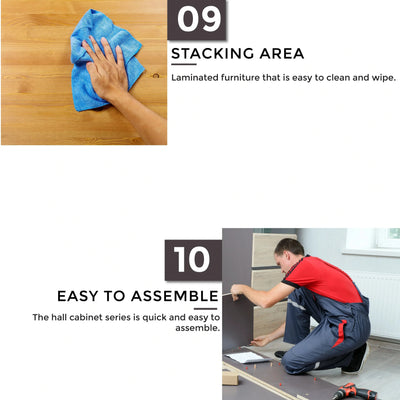 Person cleaning a wooden surface with a blue cloth and a person assembling furniture, with text about stacking area and ease of assembly.
