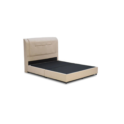 Beige fabric bed with curved upholstered headboard, subtle stitched detailing, and strong wooden legs for stability.