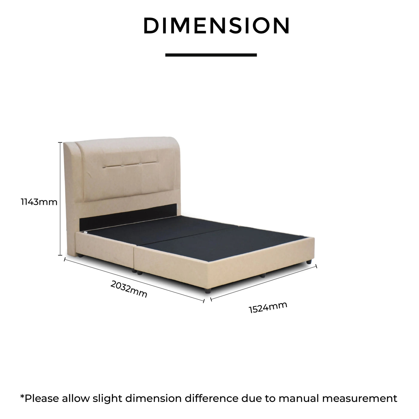 L1143mm × H2032mm × D1524mm, featuring a thick supportive divan base and durable wooden leg support.