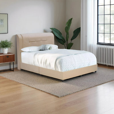 Modern fabric bed styled in a bright contemporary bedroom interior, highlighting its elegant curved headboard and clean design.