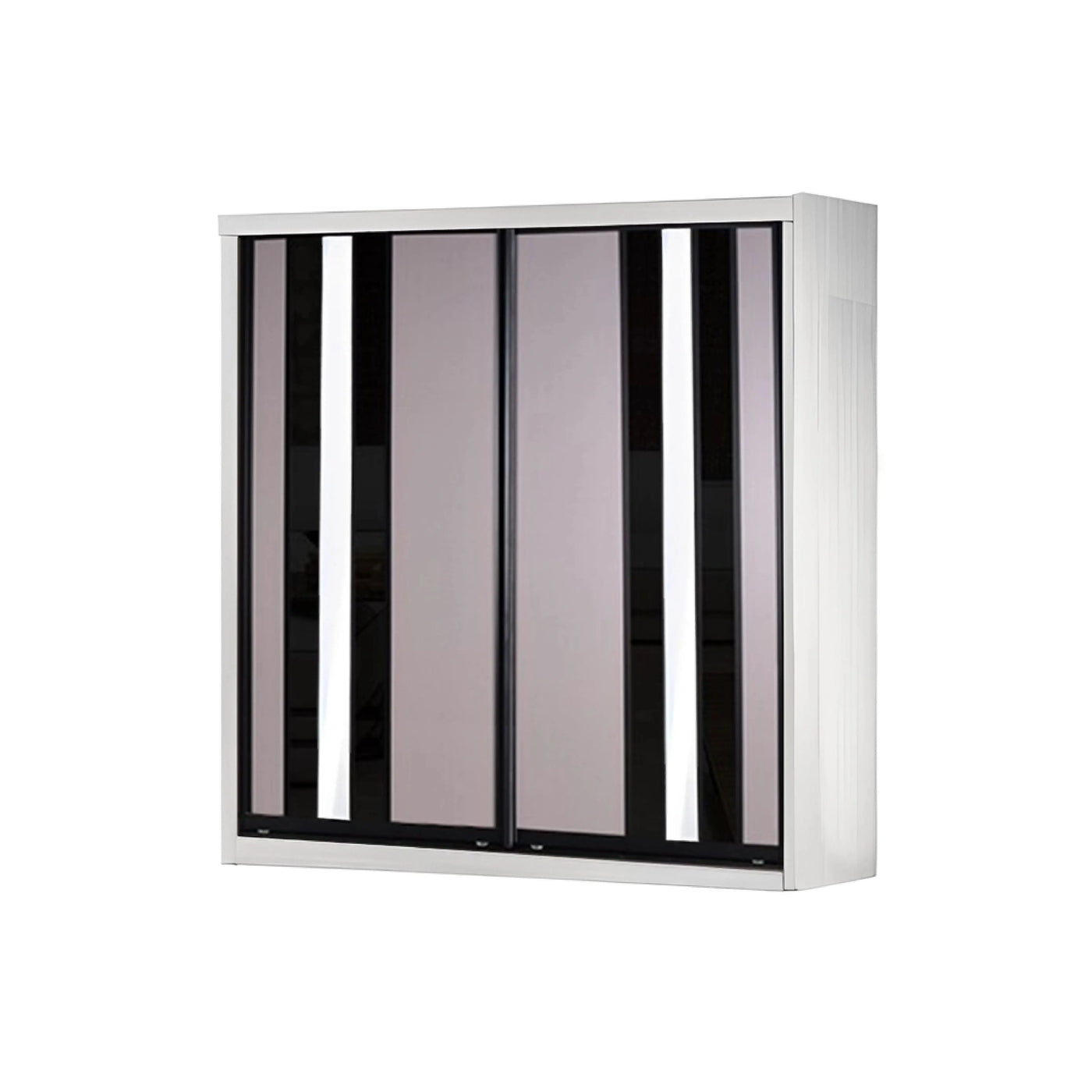 White cabinet with black and gray striped doors on a white background