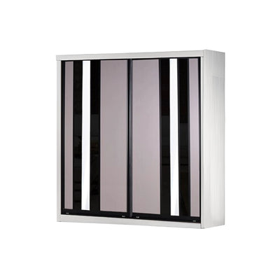 White cabinet with black and gray striped doors on a white background