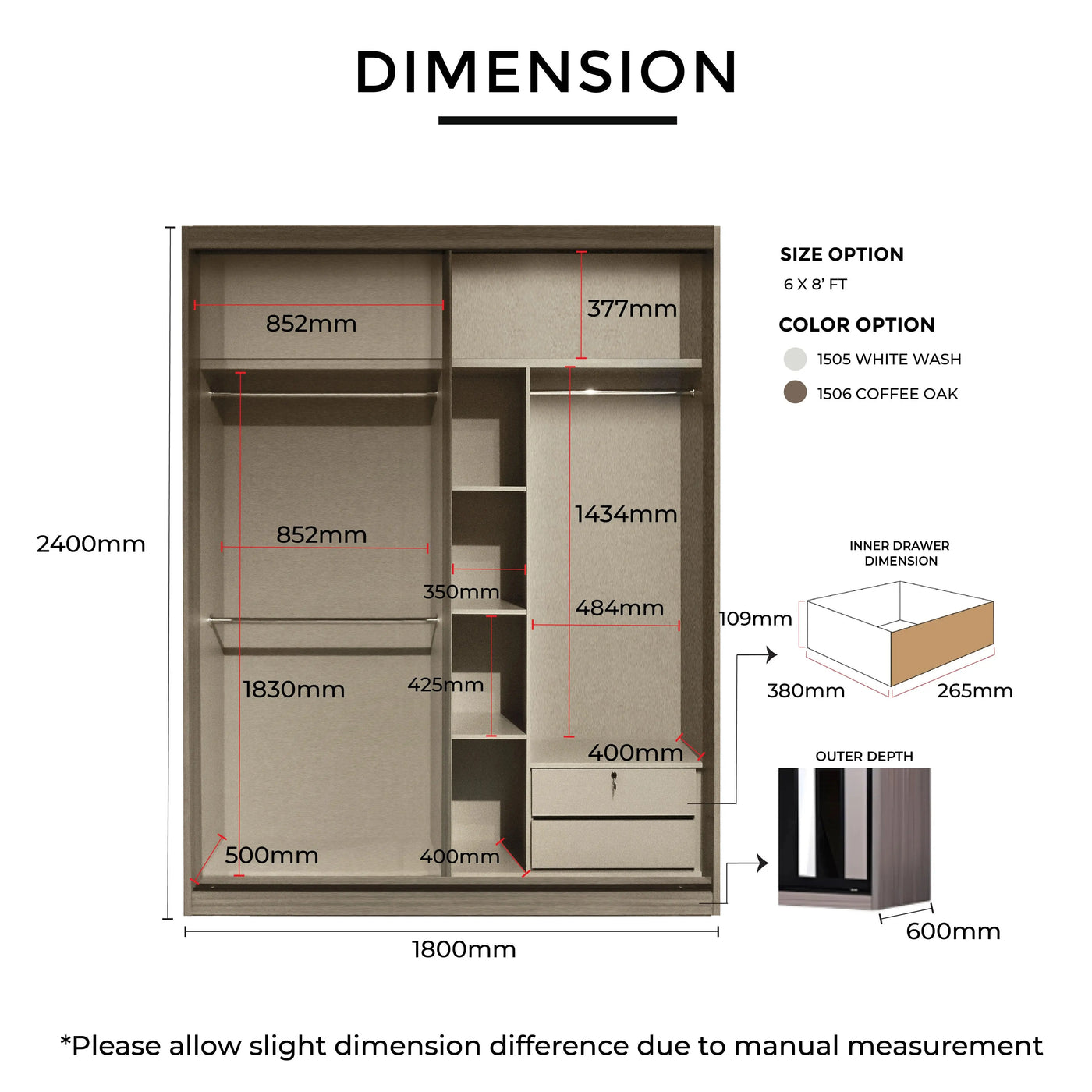 Wardrobe dimensions diagram with measurements in millimeters
