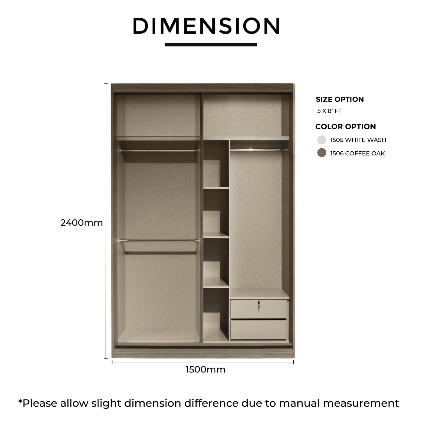 Closet dimensions with size and color options on a white background