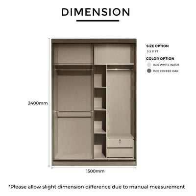 Closet dimensions with size and color options on a white background