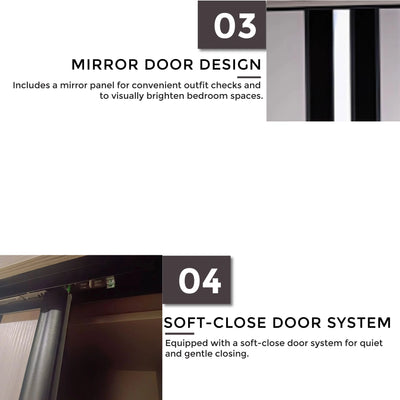 Text describing mirror door design and soft-close door system on a white background.